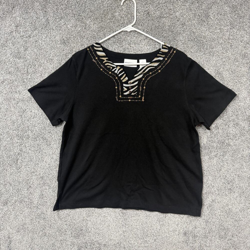 Alfred Dunner‎ Top Womens L Black Zebra Print Beaded Studded V-Neck Safari Boho